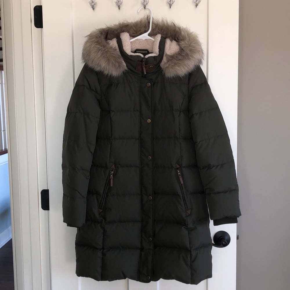 Petite Olive Ralph Lauren Faux-Fur-Trim Hooded Down Puffer Coat